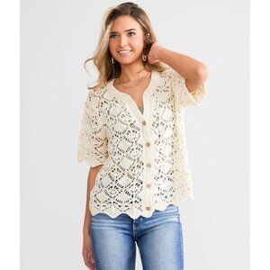 Willow & Root Diamond Pointelle Cardigan Sweater Cream Sz M Cottagecore Boho Top